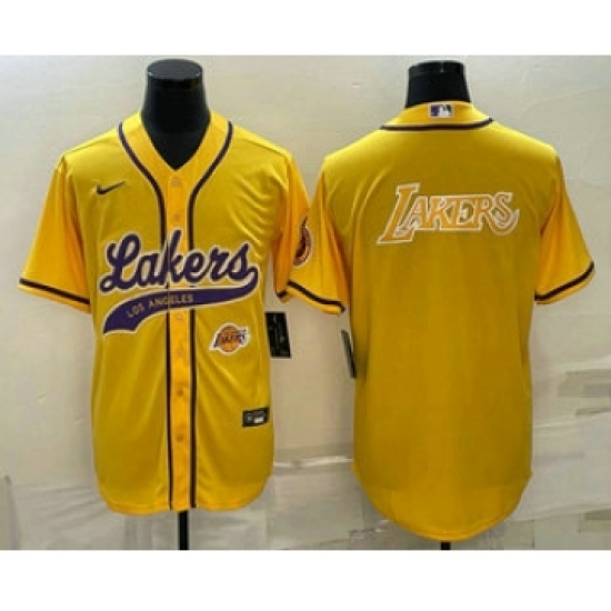 Men's Los Angeles Lakers Yellow Big Logo With Cool Base Stitched Baseball Jerseys - Ujersey