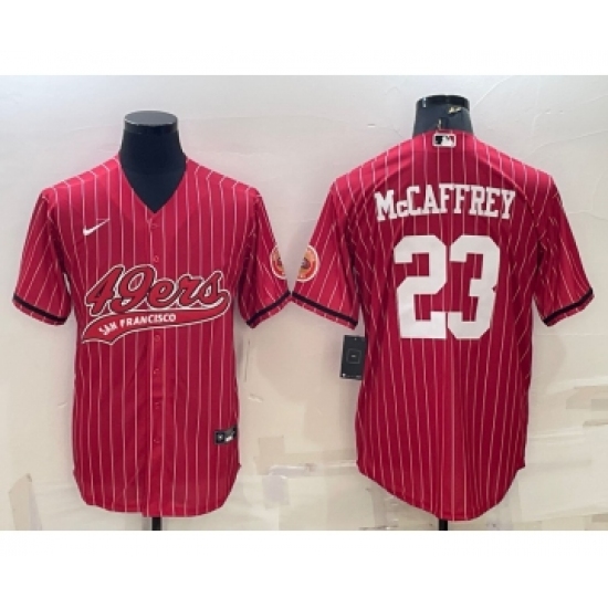 Men's San Francisco 49ers #23 Christian McCaffrey Red Pinstripe With Patch Cool Base Stitched Baseball Jersey - Ujersey