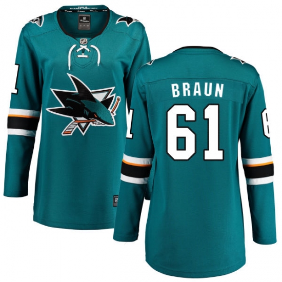 Women's San Jose Sharks #61 Justin Braun Fanatics Branded Teal Green Home Breakaway NHL Jersey - Ujersey