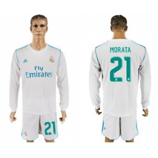 Real Madrid #21 Morata White Home Long Sleeves Soccer Club Jersey