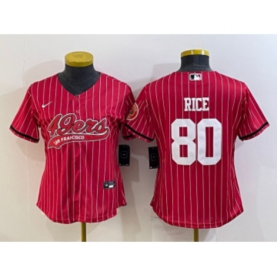 Women's San Francisco 49ers #80 Jerry Rice Red Pinstripe With Patch Cool Base Stitched Baseball Jersey - Ujersey