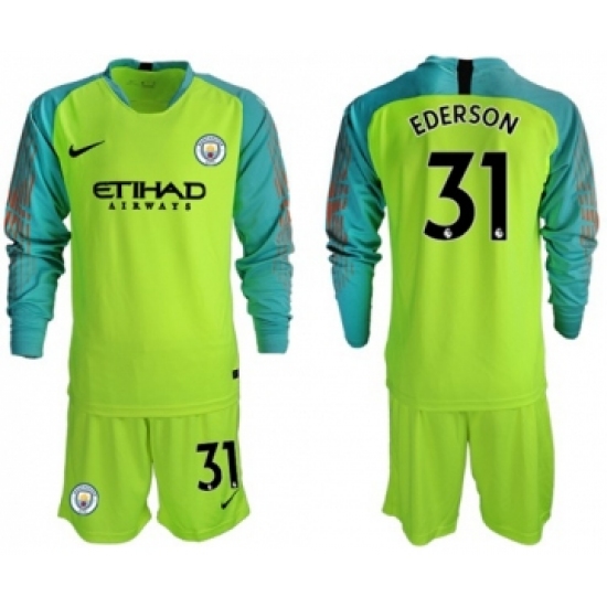 Manchester City #31 Ederson Shiny Green Goalkeeper Long Sleeves Soccer Club Jersey