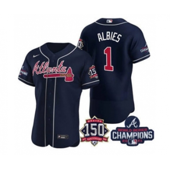 Men's Atlanta Braves #1 Ozzie Albies 2021 Navy World Series Champions With 150th Anniversary Flex Base Stitched Jersey - Ujersey