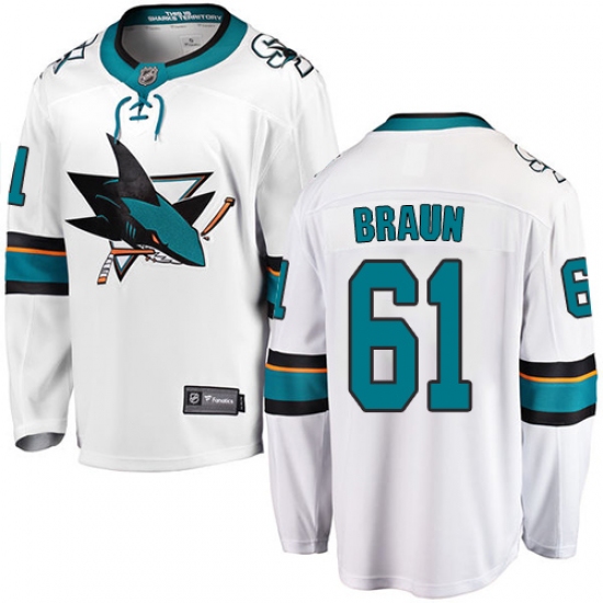 Youth San Jose Sharks #61 Justin Braun Fanatics Branded White Away Breakaway NHL Jersey - Ujersey