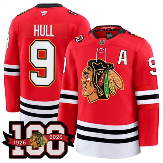 Men's Chicago Blackhawks #9 Bobby Hull Red 2025 Home 100th Anniversary Stitched Hockey Jersey - Ujersey