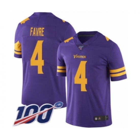 Men's Minnesota Vikings #4 Brett Favre Limited Purple Rush Vapor Untouchable 100th Season Football Jersey