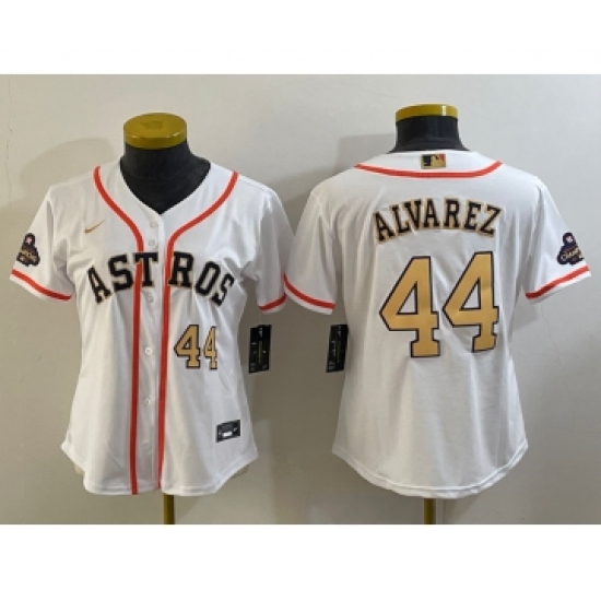 Women's Houston Astros #44 Yordan Alvarez Number 2023 White Gold World Serise Champions Cool Base Stitched Jersey - Ujersey