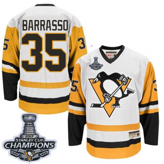 Men's CCM Pittsburgh Penguins #35 Tom Barrasso Authentic White Throwback 2017 Stanley Cup Champions NHL Jersey - Ujersey