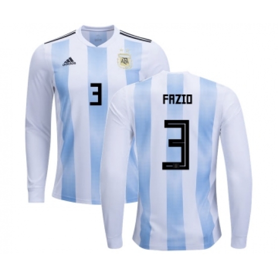 Argentina #3 Fazio Home Long Sleeves Kid Soccer Country Jersey