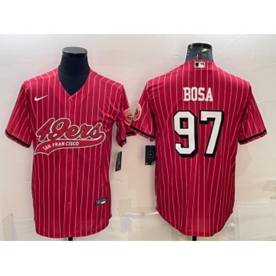 Men's San Francisco 49ers #97 Nick Bosa Red Pinstripe Color Rush With Patch Cool Base Stitched Baseball Jersey - Ujersey