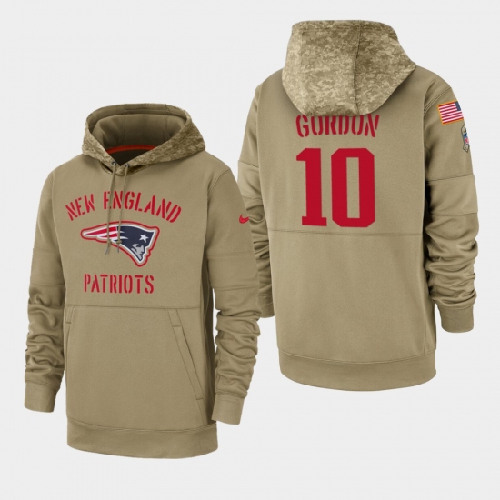 Men's New England Patriots #10 Josh Gordon 2019 Salute to Service Sideline Therma Pullover Hoodie - Tan - Ujersey NHL