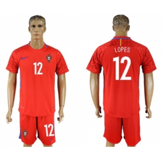Portugal #12 Lopes Red Goalkeeper Soccer Country Jersey