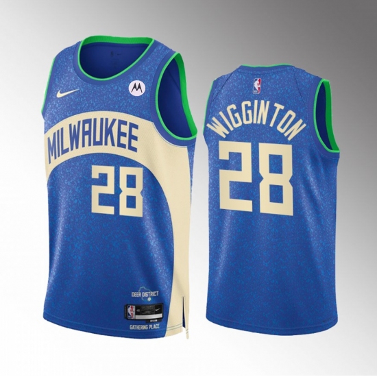 Men's Milwaukee Bucks #28 Lindell Wigginton Blue 2023-24 City Edition Stitched Basketball Jersey - Ujersey