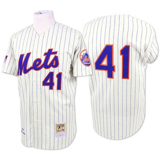 Men's Mitchell and Ness New York Mets #41 Tom Seaver Authentic White/Blue Strip Throwback MLB Jersey - Ujersey