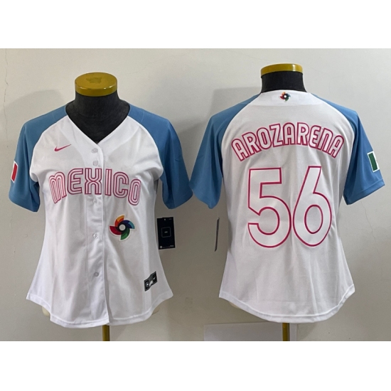 Women's Mexico Baseball #56 Randy Arozarena 2023 White Blue World Classic Stitched Jersey1