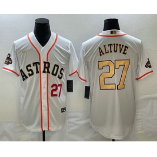 Mens Houston Astros #27 Jose Altuve Number 2023 White Gold World Serise Champions Cool Base Stitched Jersey - Ujersey