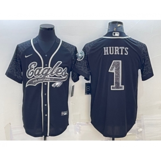 Men's Philadelphia Eagles #1 Jalen Hurts Black Reflective With Patch Cool Base Stitched Baseball Jersey - Ujersey