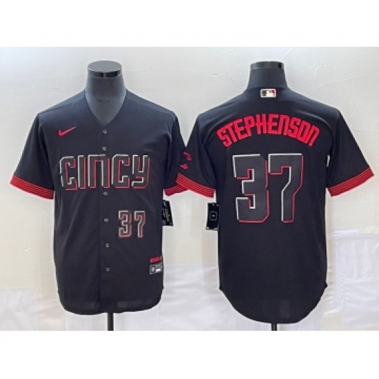 Men's Cincinnati Reds #37 Tyler Stephenson Number Black 2023 City Connect Cool Base Stitched Jersey2 - Ujersey
