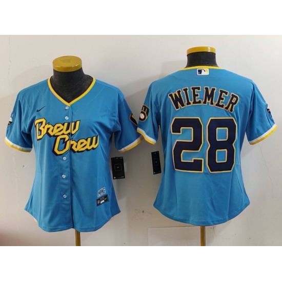 Women's Milwaukee Brewers #28 Joey Wiemer Blue 2022 City Connect Cool Base Stitched Jersey - Ujersey