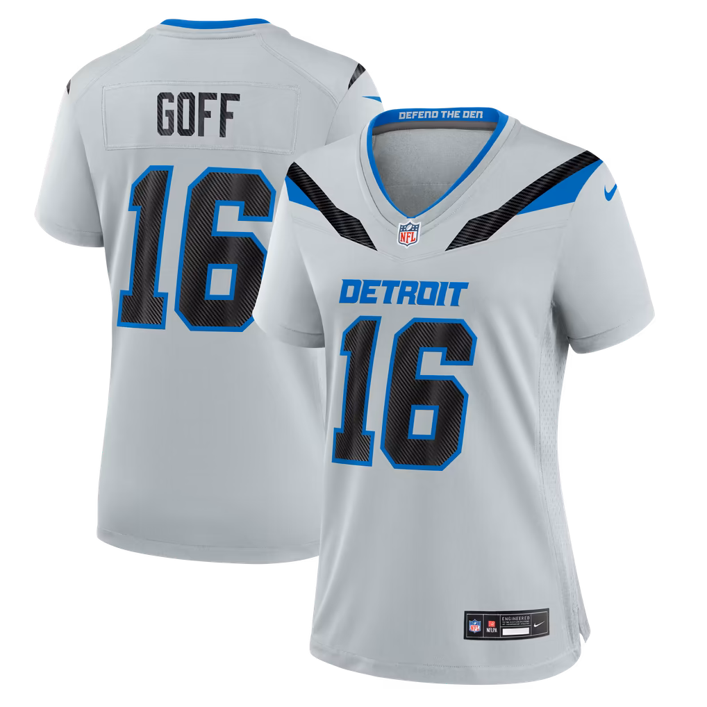 Women's Detroit Lions Jared Goff Nike Silver 2026 Rivalries Collection Game Jersey - SUjersey01
