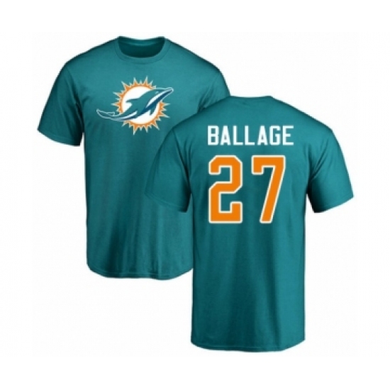 Football Miami Dolphins #27 Kalen Ballage Aqua Green Name & Number Logo T-Shirt - Ujersey