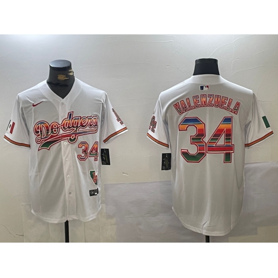 Men's Los Angeles Dodgers #34 Fernando Valenzuela White Rainbow Mexico Cool Base Stitched Fashion Jersey - Ujersey