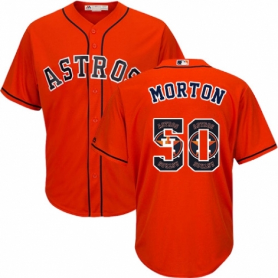 Men's Majestic Houston Astros #50 Charlie Morton Authentic Orange Team Logo Fashion Cool Base MLB Jersey - Ujersey