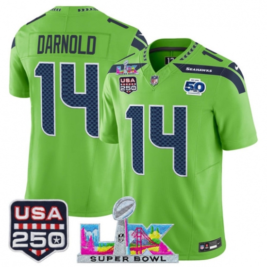 Men's Seattle Seahawks #14 Sam Darnold Green 2025 F.U.S.E. Super Bowl LX And 50th Season & USA 250 Vapor Limited Football Stitched Jersey - Ujersey