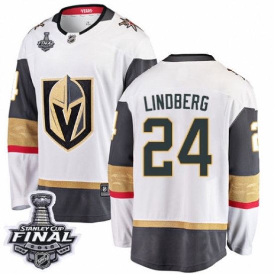 Men's Vegas Golden Knights #24 Oscar Lindberg Authentic White Away Fanatics Branded Breakaway 2018 Stanley Cup Final NHL Jersey