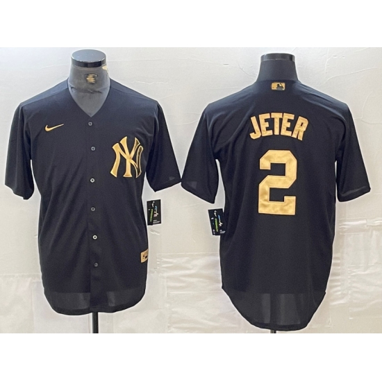 Men's New York Yankees #2 Derek Jeter Black Gold Cool Base Stitched Jersey - Ujersey