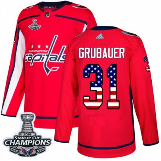 Men's Adidas Washington Capitals #31 Philipp Grubauer Authentic Red USA Flag Fashion 2018 Stanley Cup Final Champions NHL Jersey - Ujersey