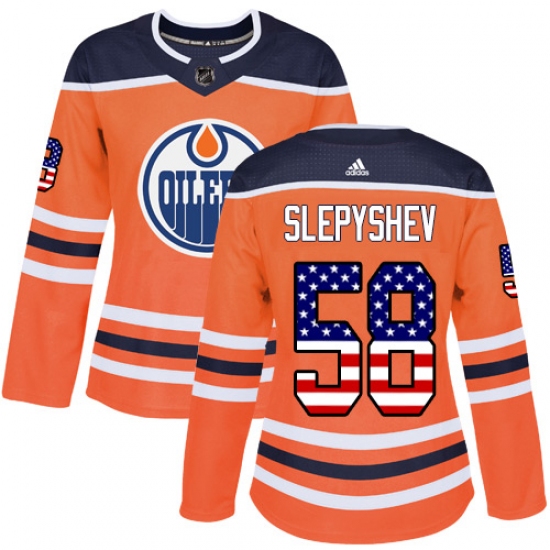 Women's Adidas Edmonton Oilers #58 Anton Slepyshev Authentic Orange USA Flag Fashion NHL Jersey - Ujersey