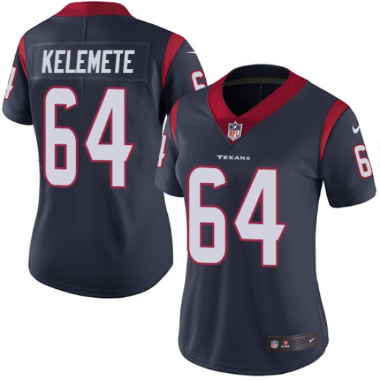 Women's Nike Houston Texans #64 Senio Kelemete Navy Blue Team Color Vapor Untouchable Limited Player NFL Jersey - Ujersey