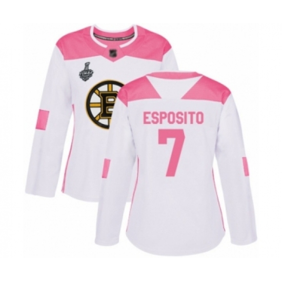 Women's Boston Bruins #7 Phil Esposito Authentic White Pink Fashion 2019 Stanley Cup Final Bound Hockey Jersey - Ujersey