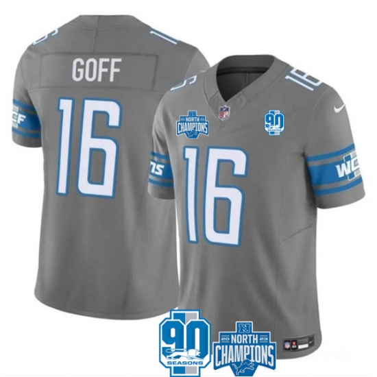 Men's Detroit Lions #16 Jared Goff Gray 2023 90th Anniversary North Division Champions Limited Stitched Jersey - Ujersey