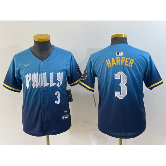 Youth Philadelphia Phillies #3 Bryce Harper Number Blue 2024 City Connect Limited Stitched Jerseys - Ujersey