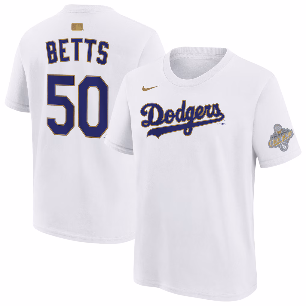 Youth Los Angeles Dodgers Mookie Betts Nike White 2026 Gold Collection Name & Number T-Shirt