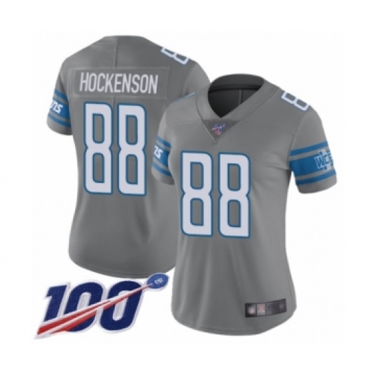 Women's Detroit Lions #88 T.J. Hockenson Limited Steel Rush Vapor Untouchable 100th Season Football Jersey - Ujersey