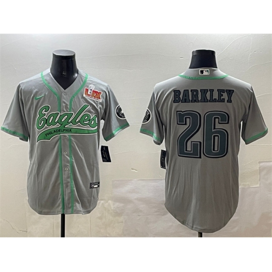 Men's Philadelphia Eagles #26 Saquon Barkley Gray 2025 Super Bowl LIX Cool Base Stitched Baseball Jersey - Ujersey
