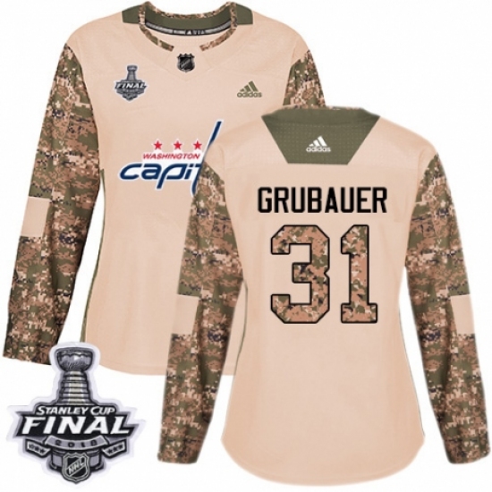 Women's Adidas Washington Capitals #31 Philipp Grubauer Authentic Camo Veterans Day Practice 2018 Stanley Cup Final NHL Jersey - Ujersey
