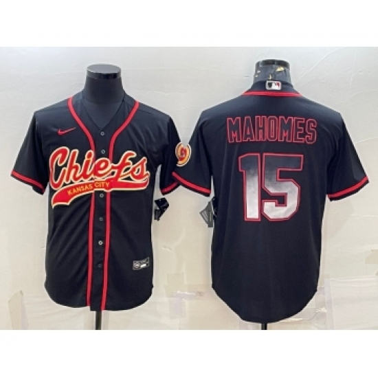 Men's Kansas City Chiefs #15 Patrick Mahomes Black Gold With Patch Smoke Cool Base Stitched Baseball Jersey - Ujersey