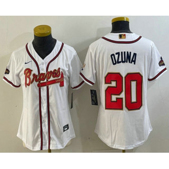 Women's Atlanta Braves #20 Marcell Ozuna White Gold World Series Champions Cool Base Stitched Jersey - Ujersey