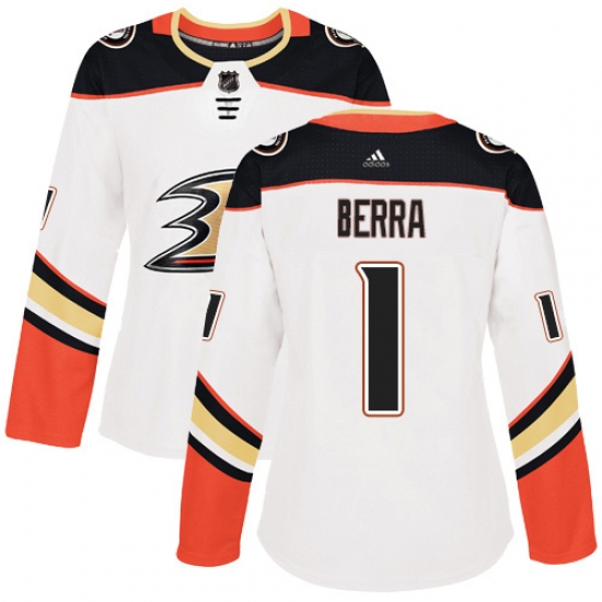 Women's Adidas Anaheim Ducks #1 Reto Berra Authentic White Away NHL Jersey - Ujersey