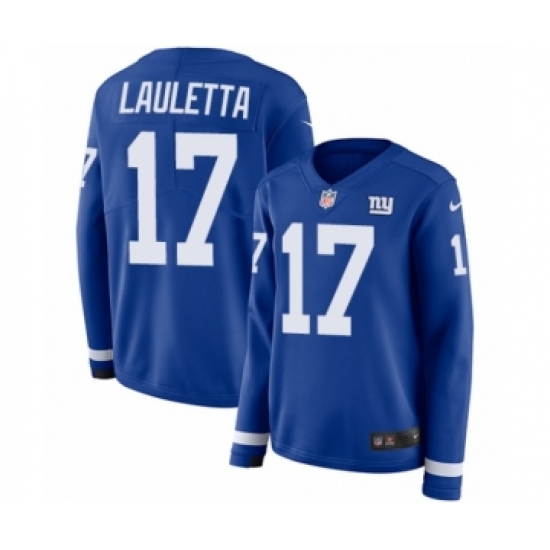 Women's Nike New York Giants #17 Kyle Lauletta Limited Royal Blue Therma Long Sleeve NFL Jersey - Ujersey