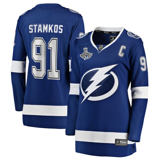Women's Tampa Bay Lightning #91 Steven Stamkos Fanatics Branded Blue Home 2020 Stanley Cup Champions Breakaway Jersey - Ujersey