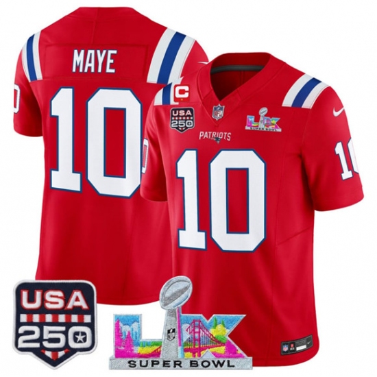 Men's New England Patriots #10 Drake Maye Red 2025 F.U.S.E. 1-Star C And Super Bowl LX & USA 250 Vapor Limited Football Stitched Jersey - Ujersey