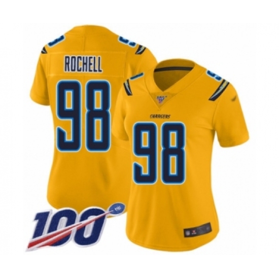 Women's Los Angeles Chargers #98 Isaac Rochell Limited Gold Inverted Legend 100th Season Football Jersey - Ujersey