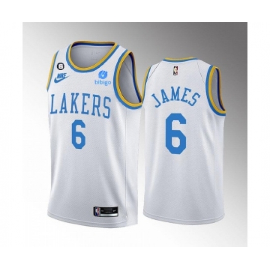 Men's Los Angeles Lakers #6 LeBron James 2022-23 White Classic Edition No.6 Patch Stitched Basketball Jersey - Ujersey
