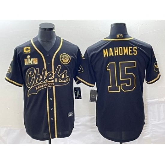 Men's Kansas City Chiefs #15 Patrick Mahomes Black Gold C Super Bowl LVII Cool Base Stitched Baseball Jersey - Ujersey
