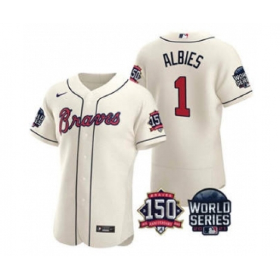 Men's Atlanta Braves #1 Ozzie Albies 2021 Cream World Series Flex Base With 150th Anniversary Patch Baseball Jersey - Ujersey